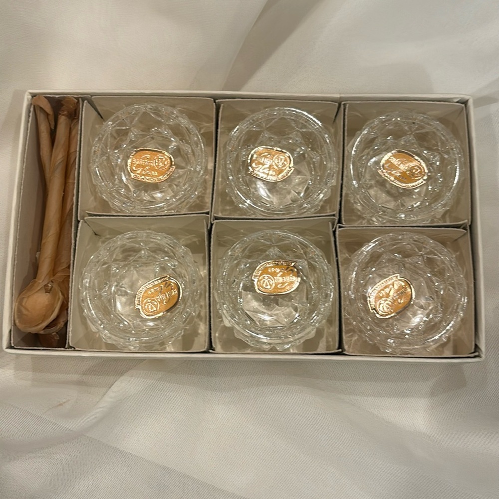 SET 6 BOHEMIA CZECH GLASS SALT CELLARS ORIG BOX LABELS SPOONS
